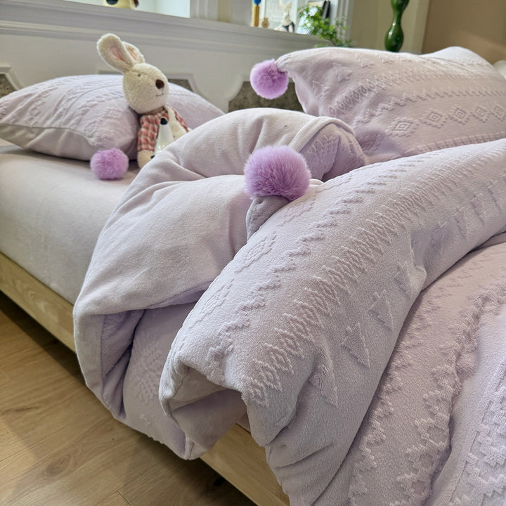 Plush Pom-Pom Microplush Comforter Set with Jacquard Snowflake Texture