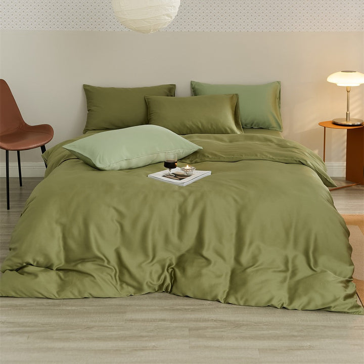Reversible satin bedding set with a silky glossy feel and skin-friendly cotton blend