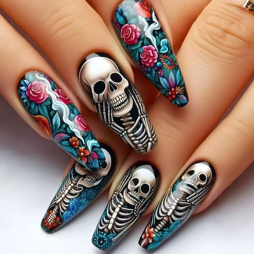 Creative artificial nails with skeleton and flower motifs Stornfield