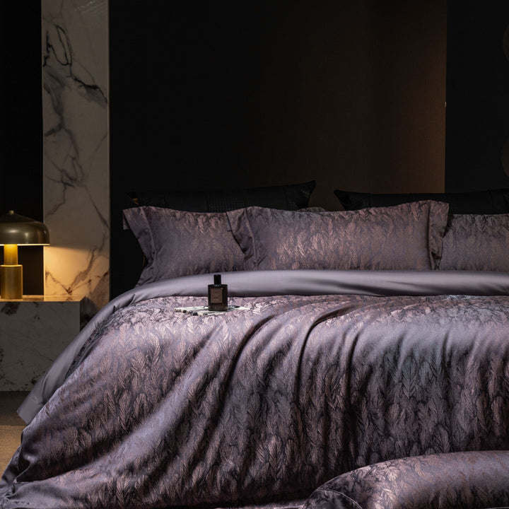 Luxurious satin bedding set with jacquard lace pattern and decorative pillow