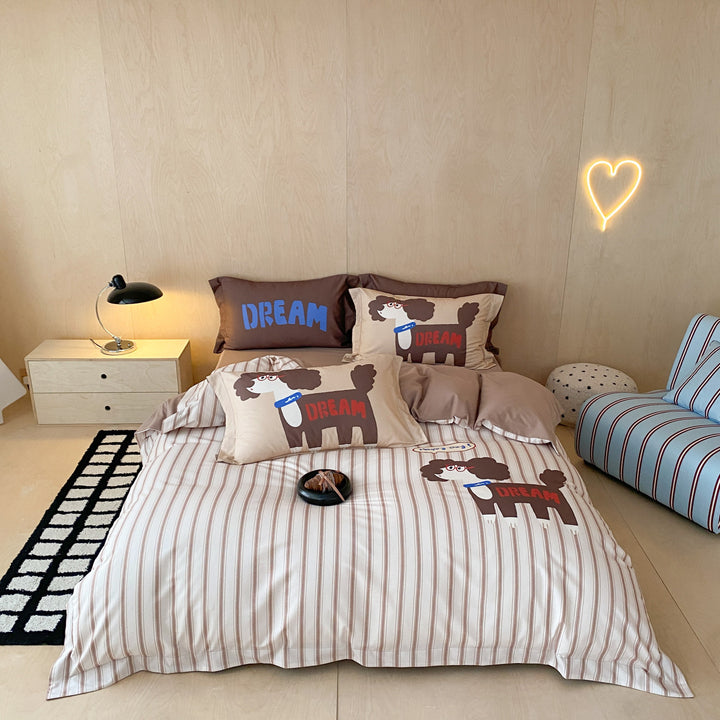 Cotton Duvet Cover and Pillowcase Set with Cartoon Puppy Print