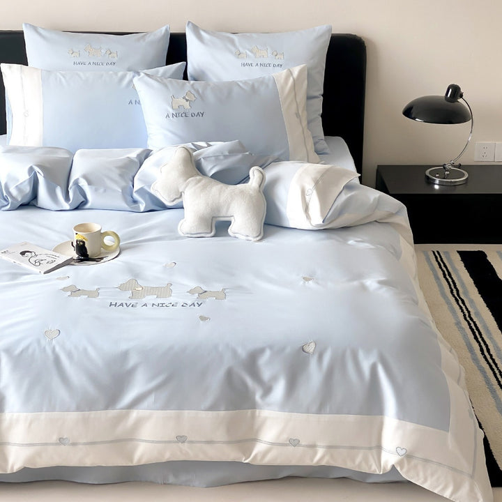 Cute Embroidered Dog Motif Cotton Sateen Duvet Cover Set with Heart Border and Pillow Shams