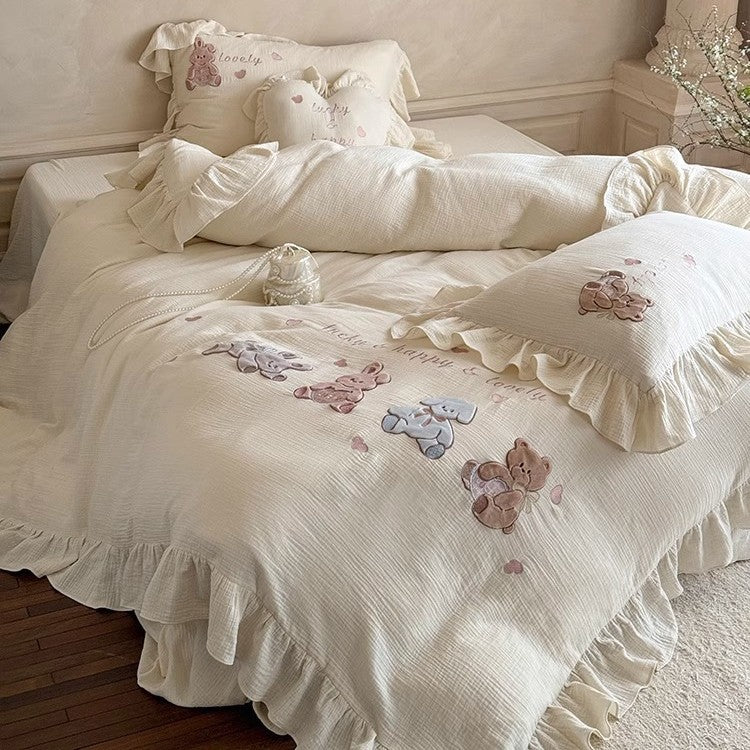 Ruffled Embroidered Cotton Duvet Cover Set with Appliqué Animals and Decorative Heart Cushion