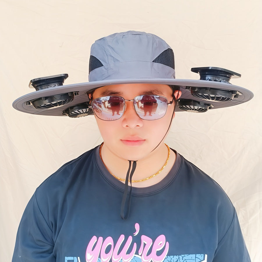 Wide-brimmed sun hat with detachable swivel solar fans and adjustable chin strap Stornfield