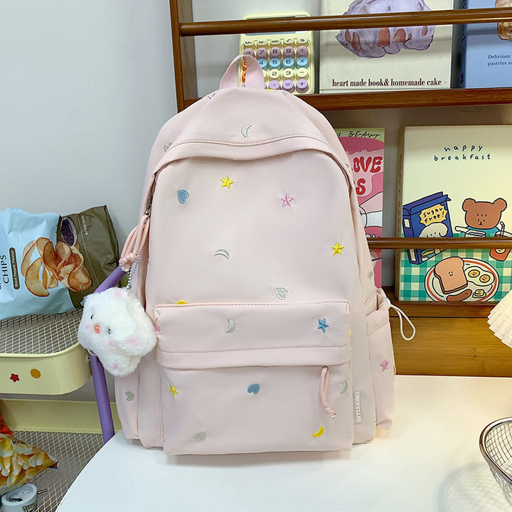 Embroidered Star and Moon Pattern School Backpack