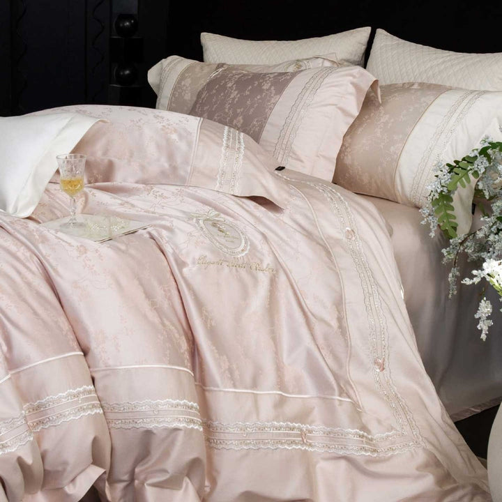 Hotel-Style Embroidered Cotton Sateen Duvet Cover Set with Lace Trim and Pillow Shams