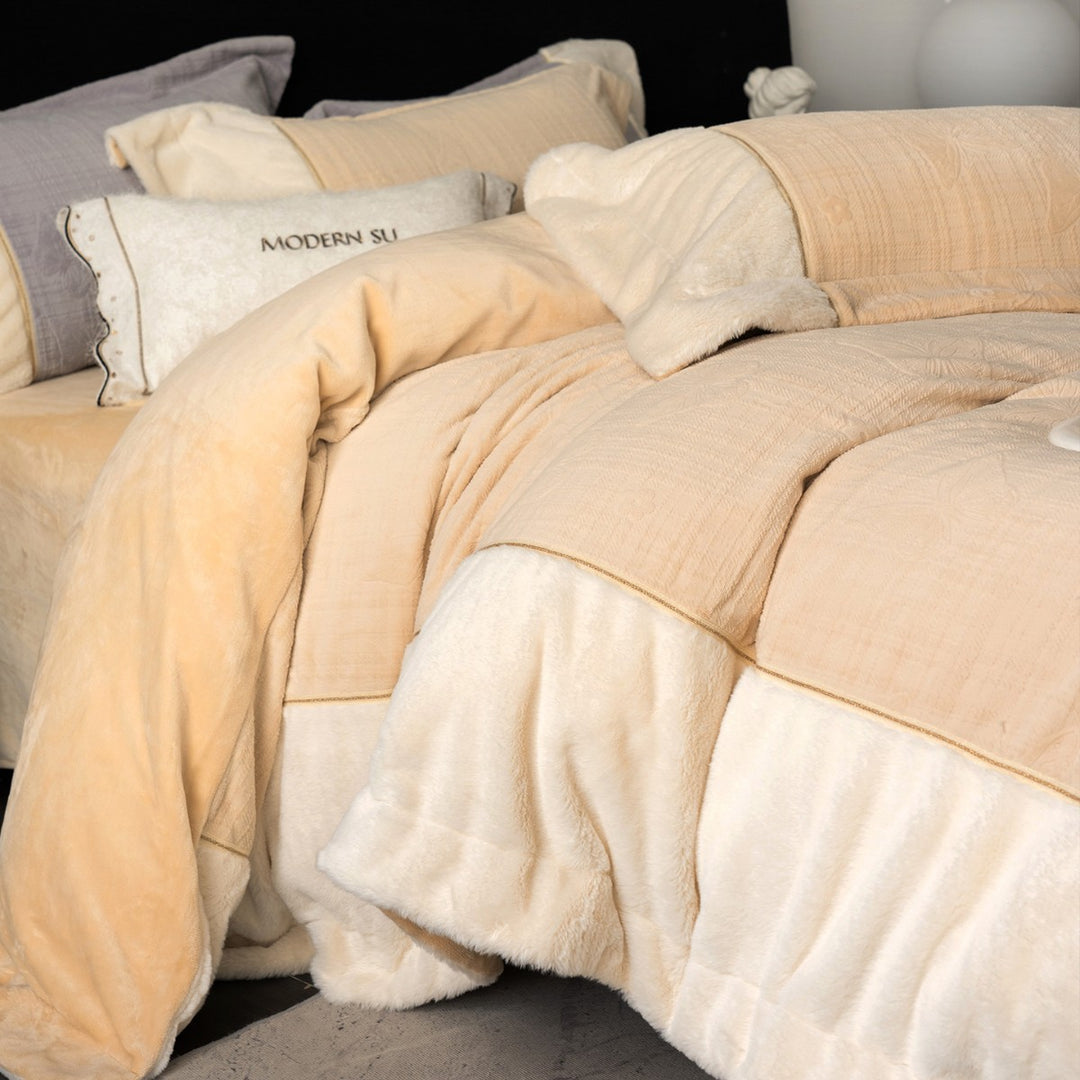 Plush Reversible Faux-Fur Comforter Set with Quilted Butterfly-Embossed Cotton Top and Decorative Throw Pillow