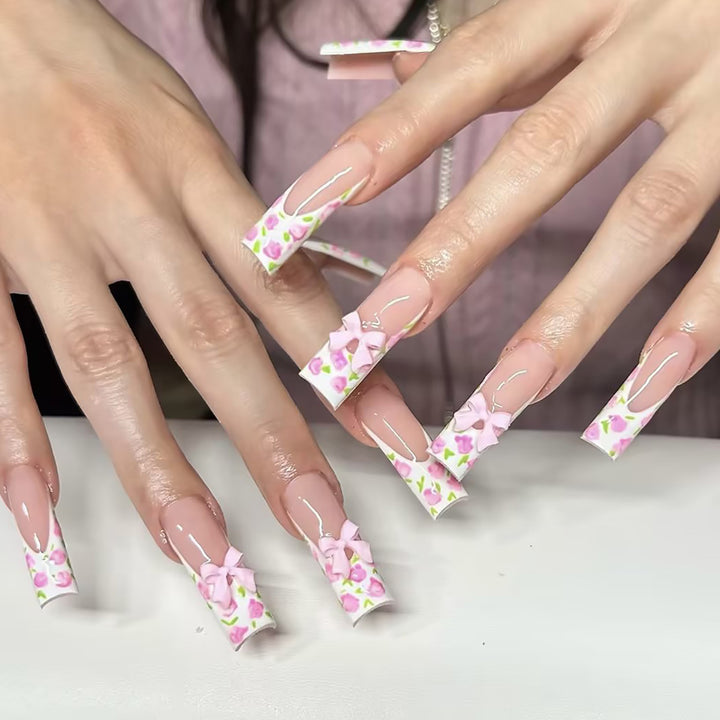 Floral Bow-Design Long Press-On Nails Stornfield