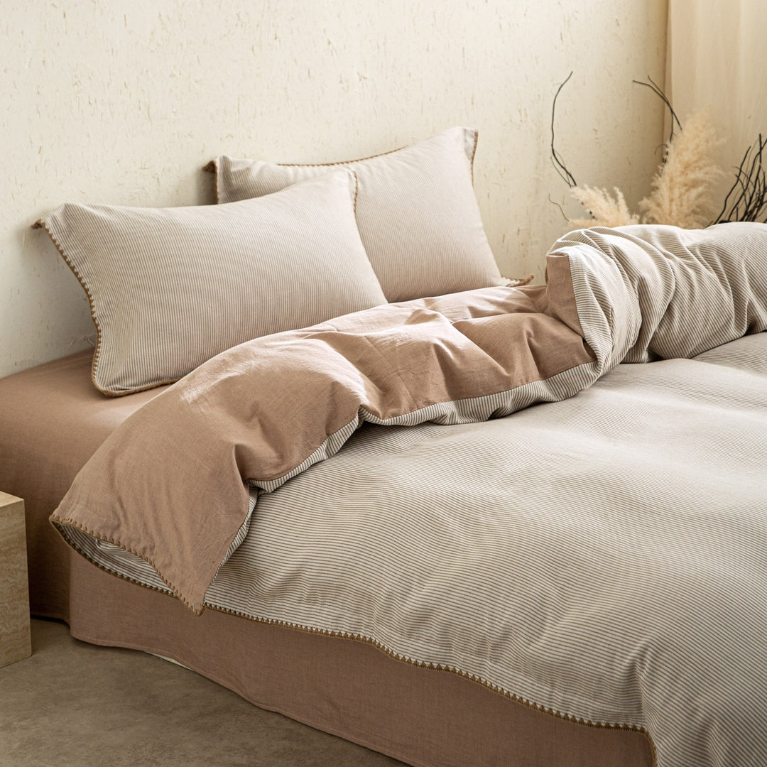 Linen-Cotton duvet cover set with fine striped texture and decorative trim