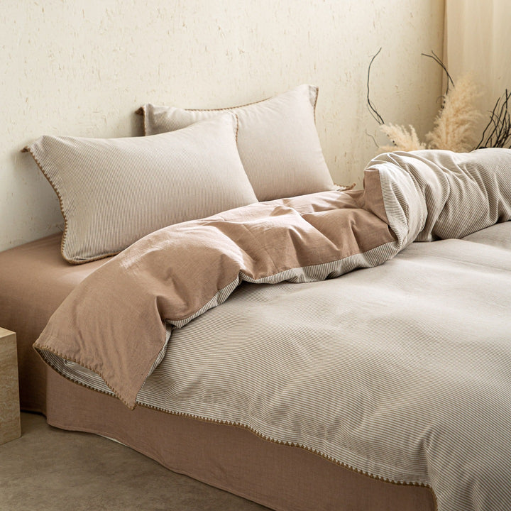 Linen-Cotton duvet cover set with fine striped texture and decorative trim