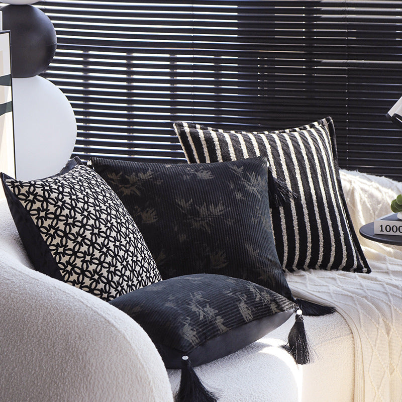 Square decorative cushion made of velvet with relief longitudinal stripes and fringe tassel Stornfield