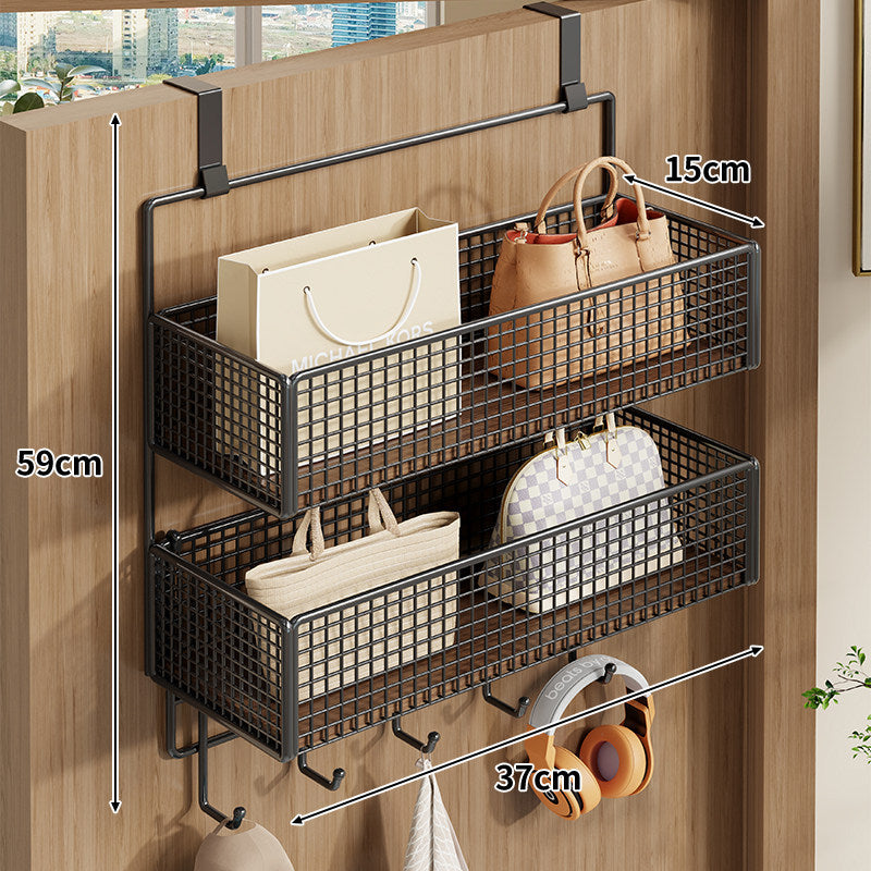 Over-Door Double-Tier Wire Mesh Storage Rack with Utility Hooks
