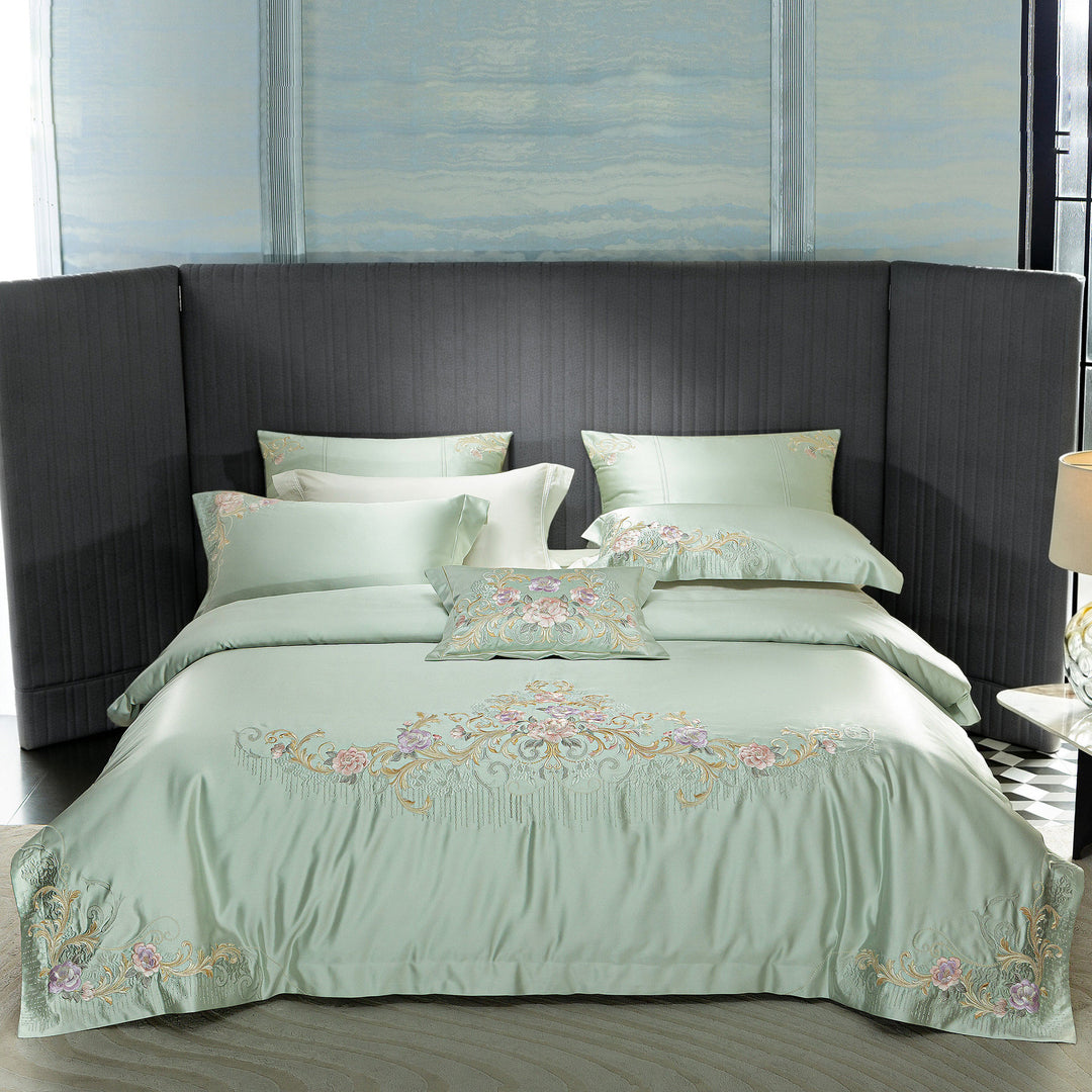 Silk-Look Botanical Embroidered Duvet Cover Ensemble with Decorative Pillow and Euro Shams