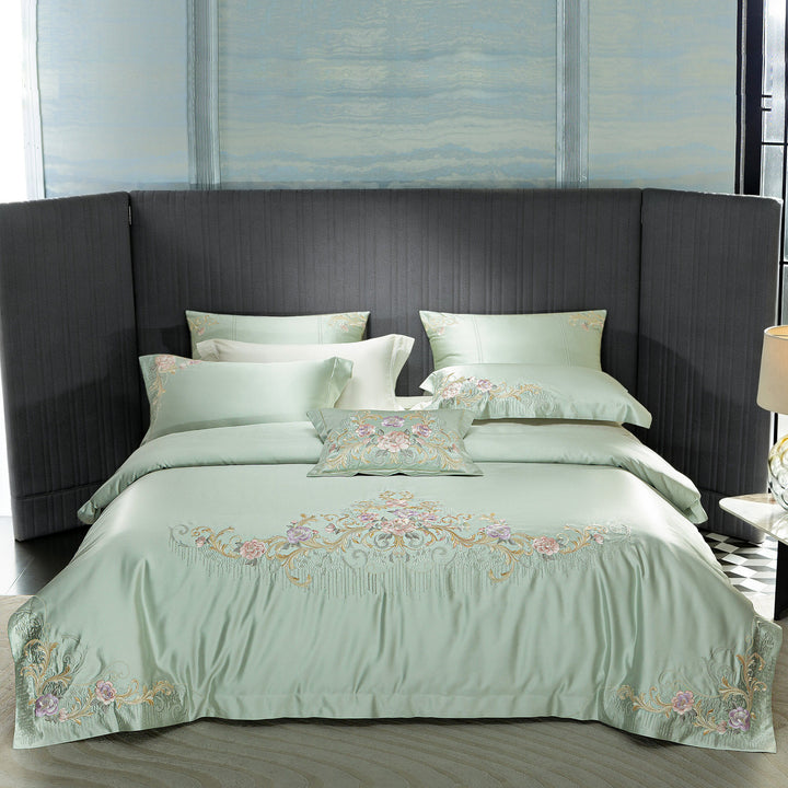 Silk-Look Botanical Embroidered Duvet Cover Ensemble with Decorative Pillow and Euro Shams