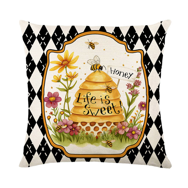 Square Decorative Cotton-Linen Throw Pillow Cover with Beehive Honeylife Illustration