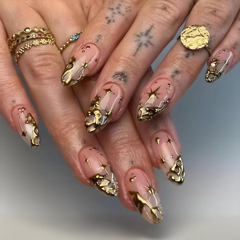 Acrylic Nail Set with Glamorous Gold Accents and Elegant Designs Stornfield