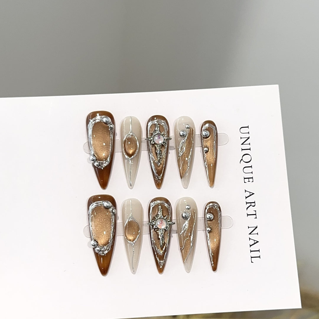 Artistic Press-On Nail Design Set with Unique Gemstone Accents