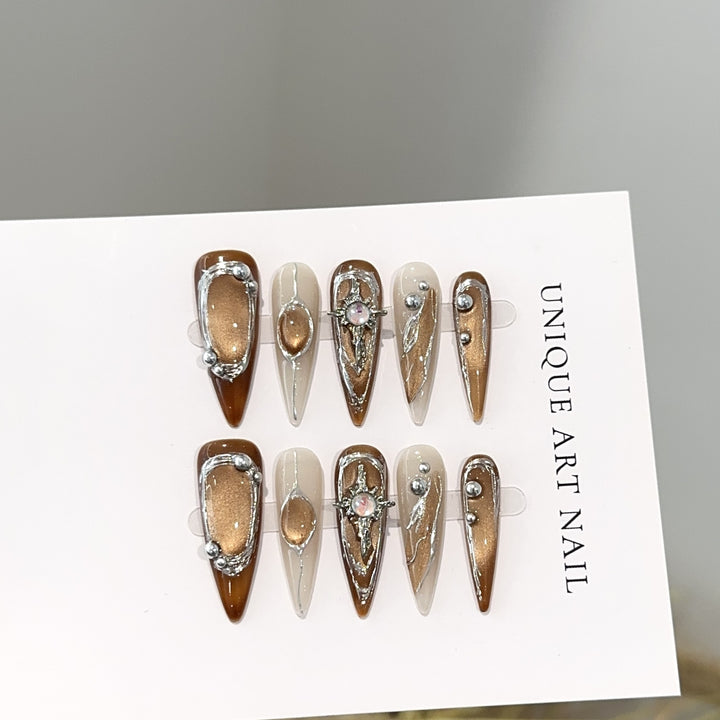 Artistic Press-On Nail Design Set with Unique Gemstone Accents