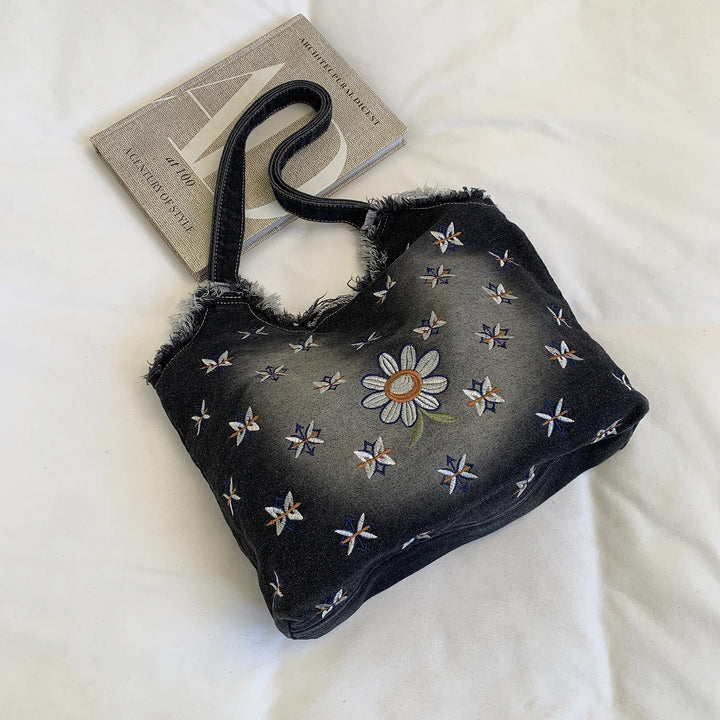 Floral Embroidered Denim Tote Bag