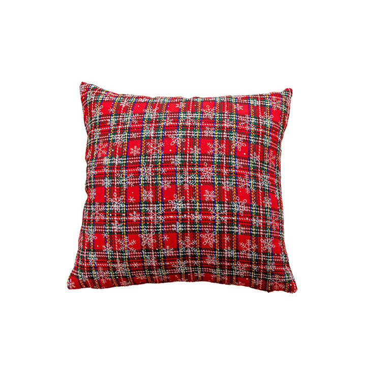 Plaid Holiday Decorative Throw Pillow with Embroidered Snowflake Motif and Hidden Zipper