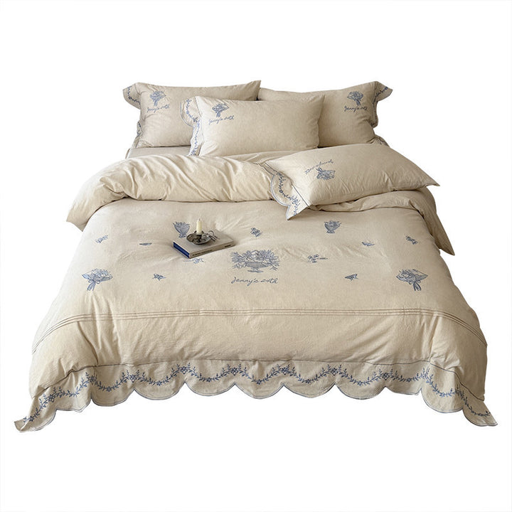 Embroidered Linen Duvet Cover and Pillowcase Set with Scalloped Edge