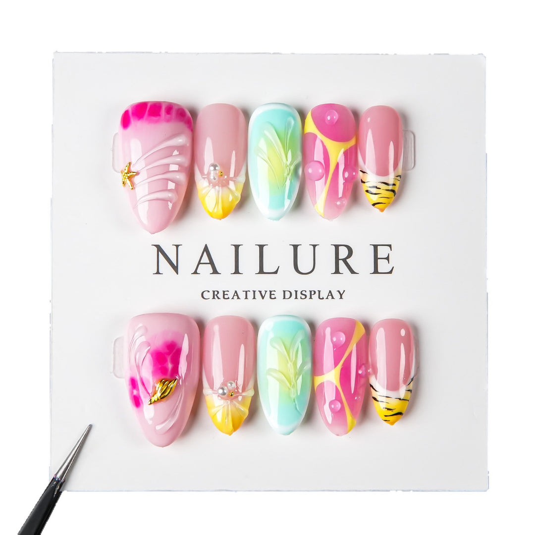 Artistic Press-On Nail Set with Floral and Graphic Designs