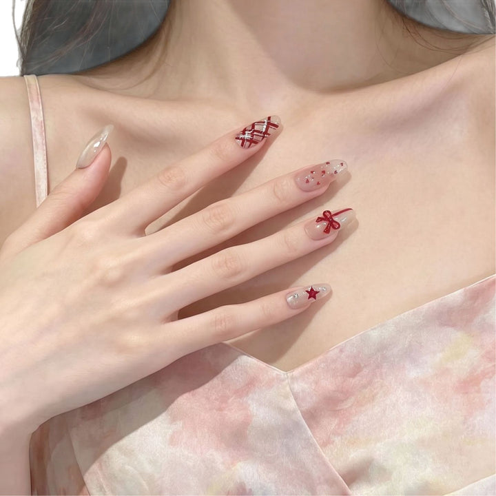 Romantic Themed Press-On Nail Set with Heart and Bow Accents Stornfield