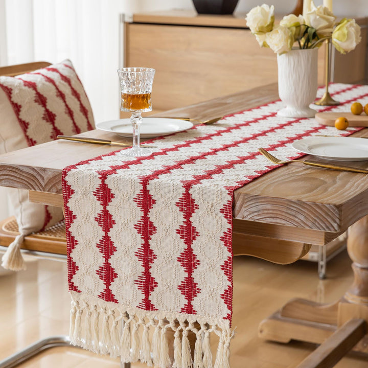 Handwoven Cotton Table Runner with Red Geometric Heart Stripe and Knotted Tassel Fringe