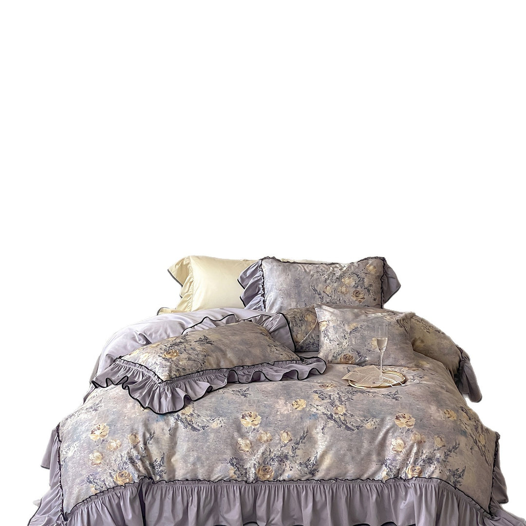 Ruffled Vintage Floral Duvet Cover Set with Pillow Shams and Bed Skirt