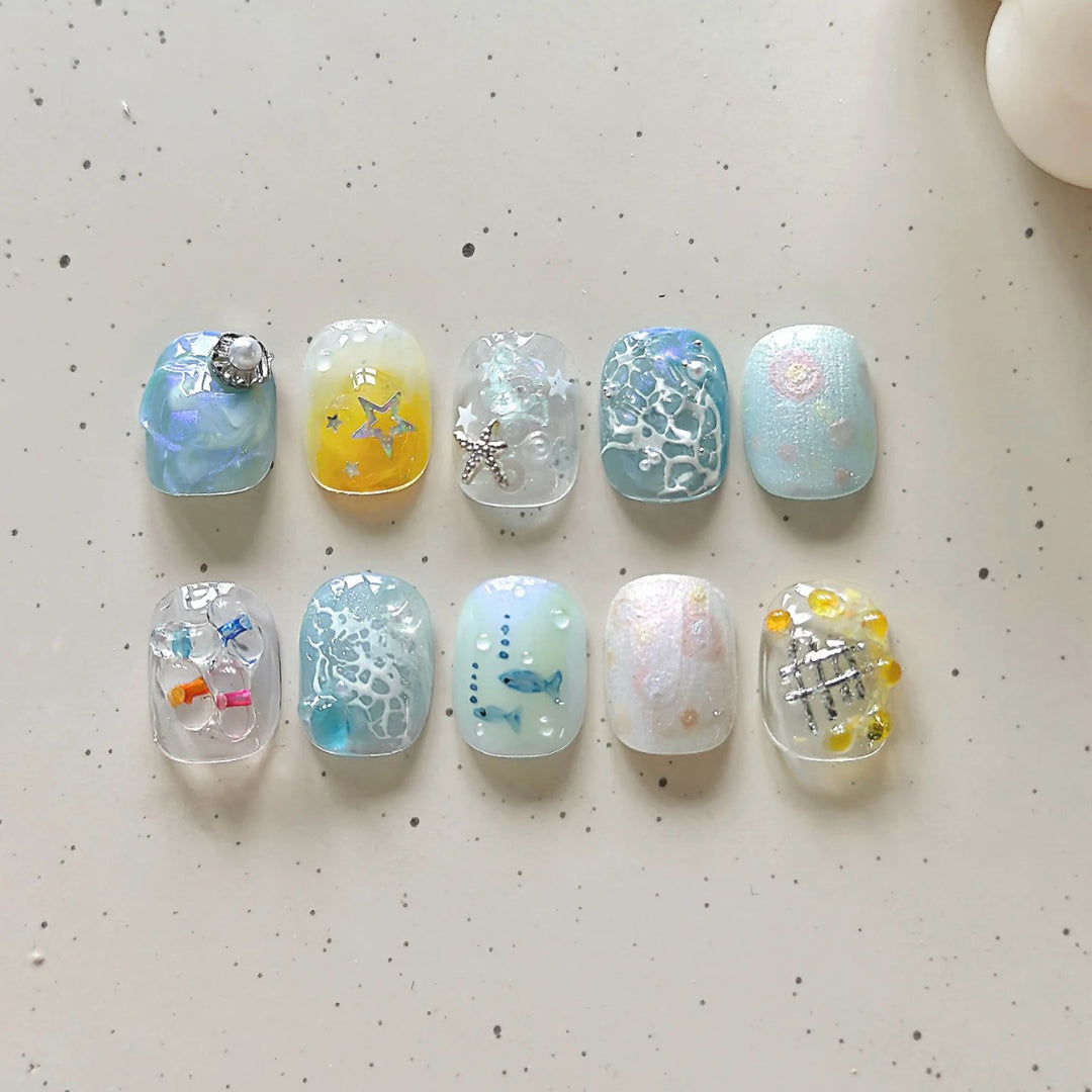 Decorative Press-On Nail Art Set with Oceanic Themes