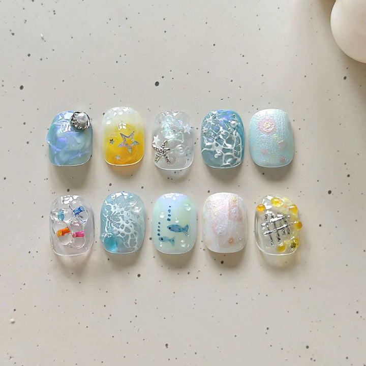 Decorative Press-On Nail Art Set with Oceanic Themes