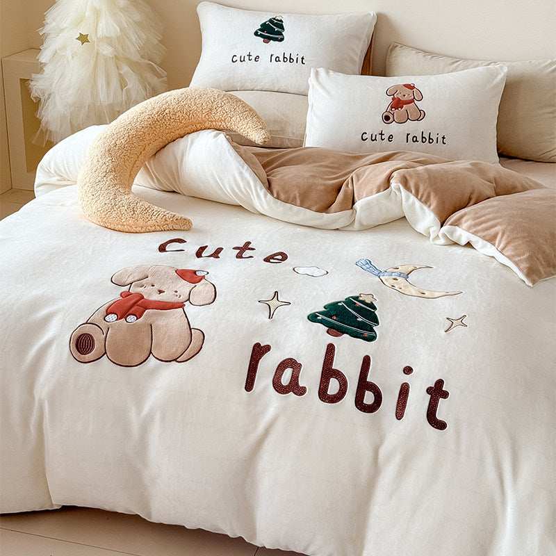 Plush Embroidered Duvet Cover Set with Rabbit Appliqué & Decorative Pillow Shams