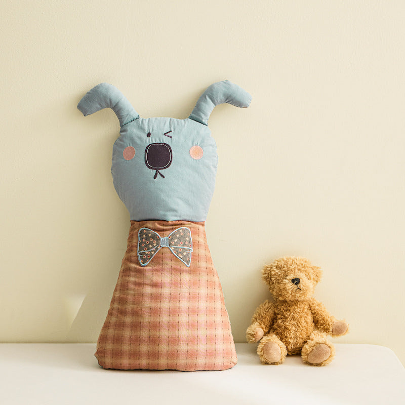 Plush Bunny Decorative Pillow Cushion with Embroidered Face and Plaid Body