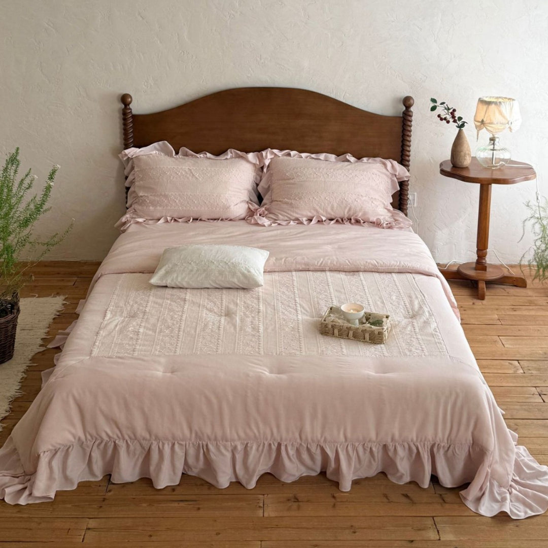 Ruffled Quilted Cotton Comforter & Pillow Sham Set