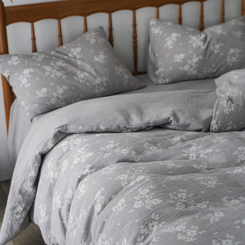 Bedding set in linen look with floral all-over print and fitted sheet
