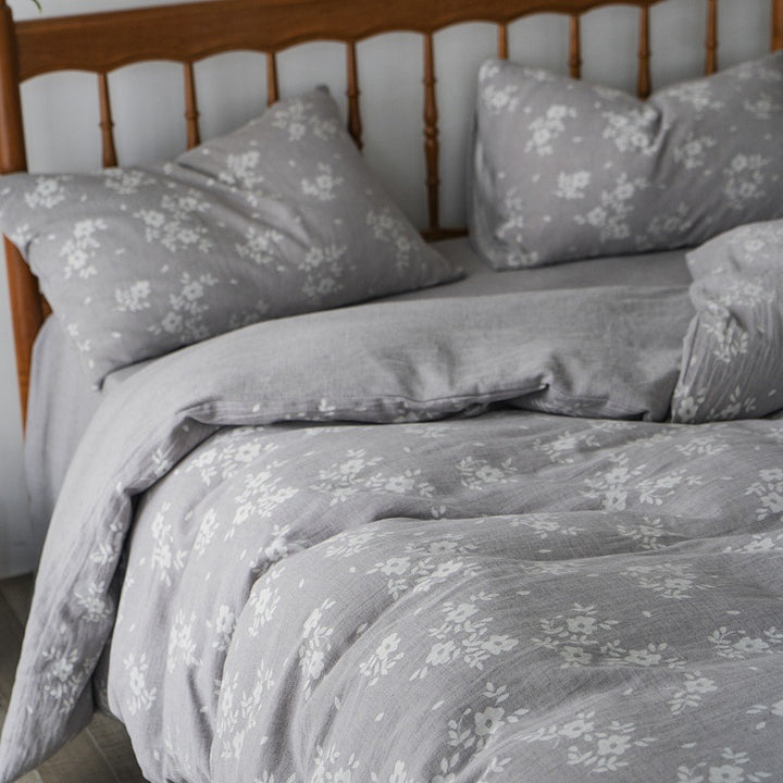 Bedding set in linen look with floral all-over print and fitted sheet