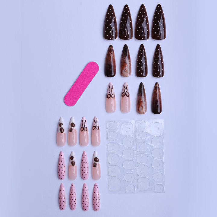 Elegant artificial nails with chocolate motifs and 3D elements Stornfield
