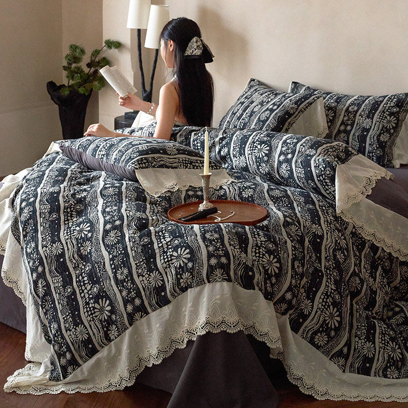 Bohemian Lace-Trim Cotton Duvet Cover Set with Pillow Shams