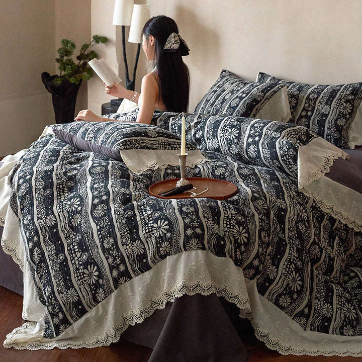 Bohemian Lace-Trim Cotton Duvet Cover Set with Pillow Shams