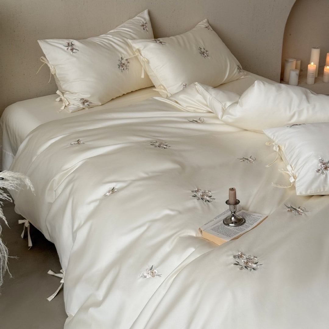 Luxurious Satin-Feel Embroidered Duvet Cover Set with Decorative Corner Ties