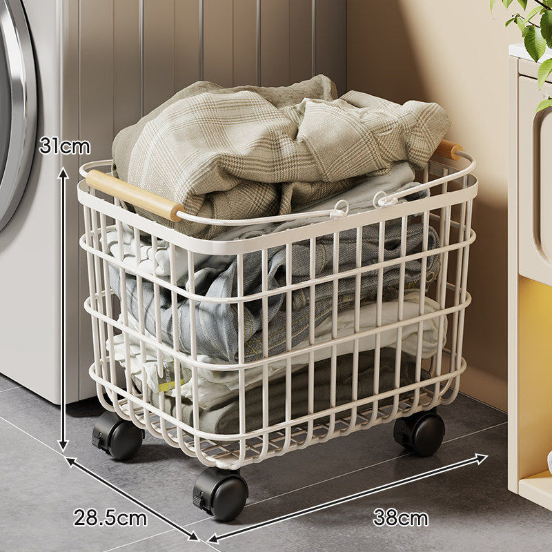 Rolling Wire Laundry Basket with Wooden Handles and Locking Casters