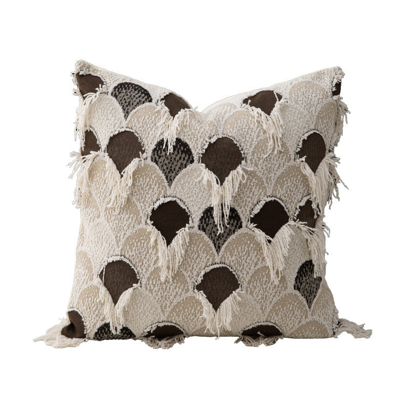 Woven square decorative cushion with fringe application and geometric pattern