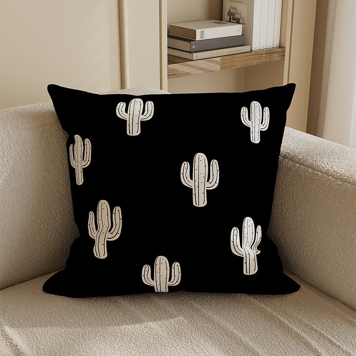 Decorative Square Cotton-Linen Throw Pillow Cover with Cactus Motif and Hidden Zipper