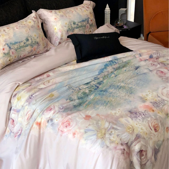 Floral Watercolor Satin-Feel Duvet Cover Set with Reversible Solid Back and Pillow Shams