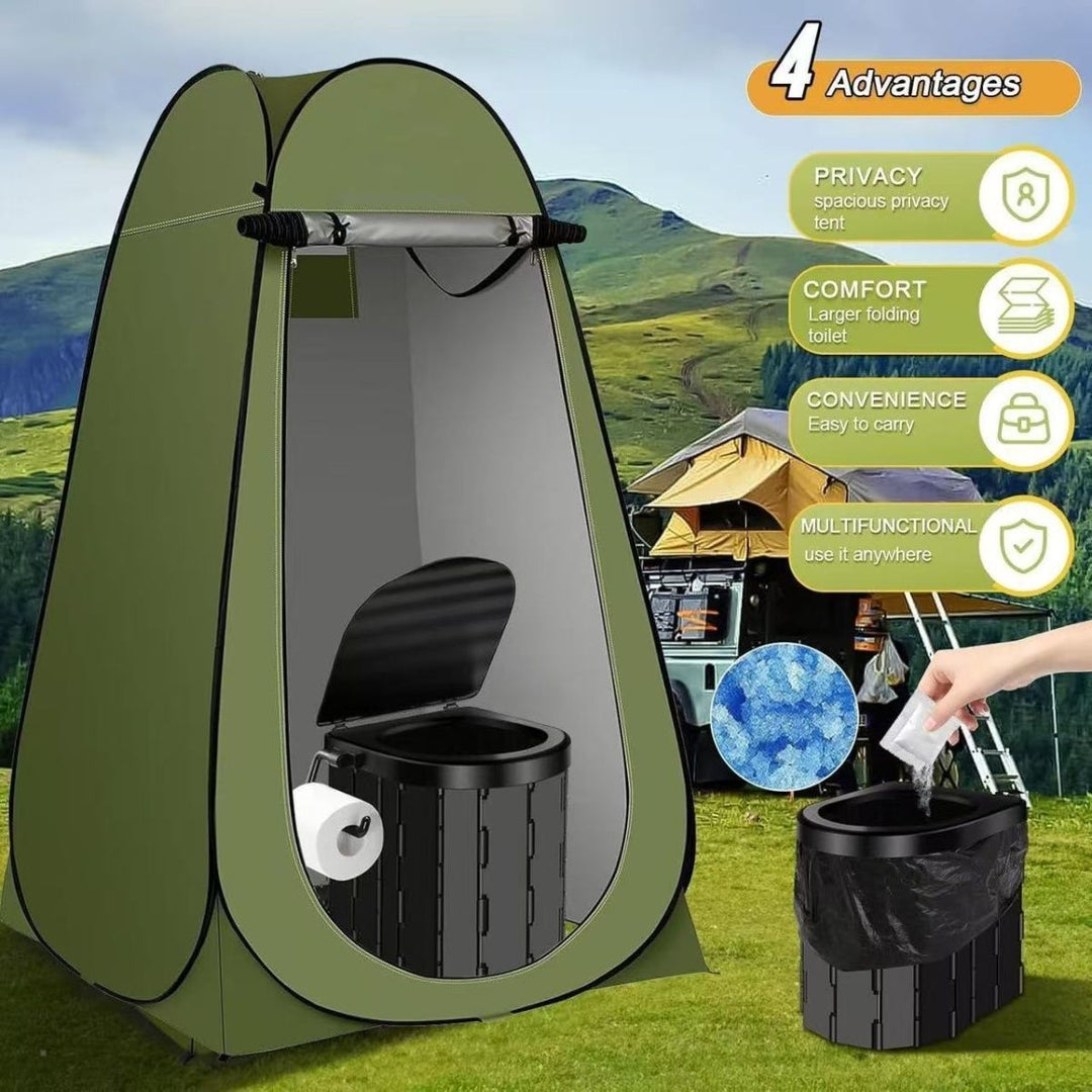 Portable pop-up privacy tent and collapsible camping toilet kit with full accessory set Stornfield
