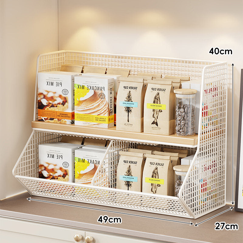 Compact Mesh Countertop Pantry Organizer with Two Wooden Shelves and Deep Front Basket
