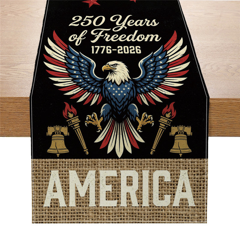 Patriotic Cotton-Linen Table Runner with Statue of Liberty and American Flag Print