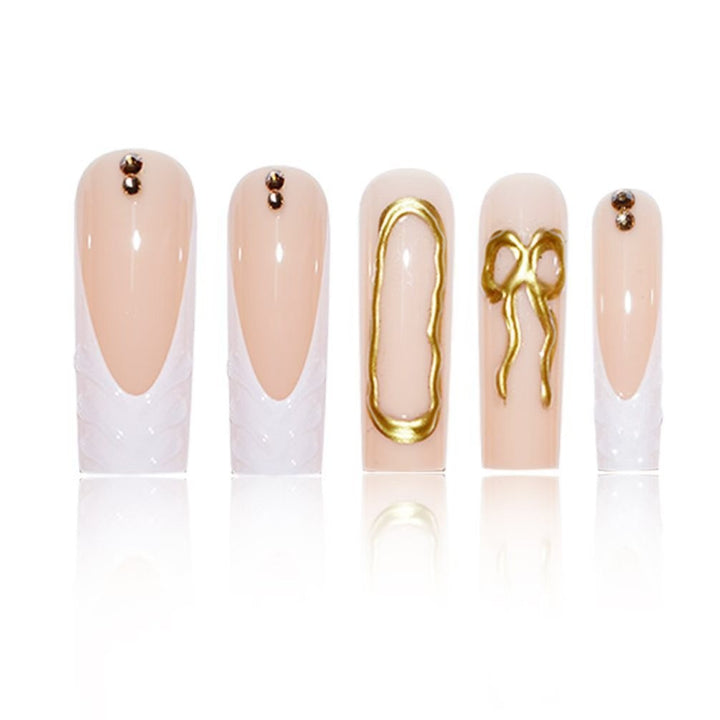 Artistic 3D Press-On Nail Set with Decorative Gold Accents Stornfield
