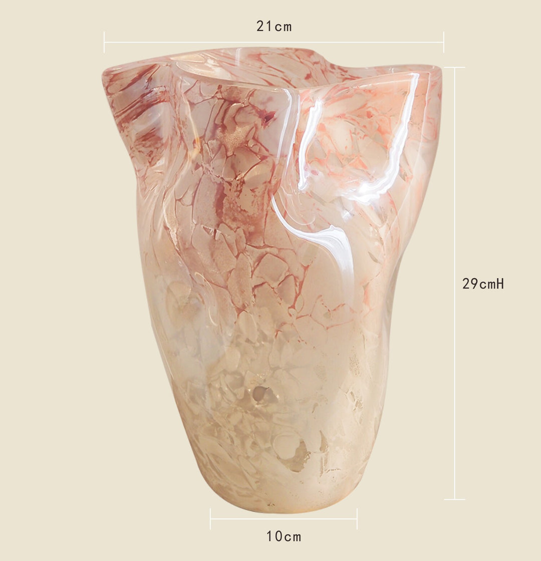 Handblown Marble-Effect Tall Sculptural Glass Vase with Organic Ruffled Rim Stornfield