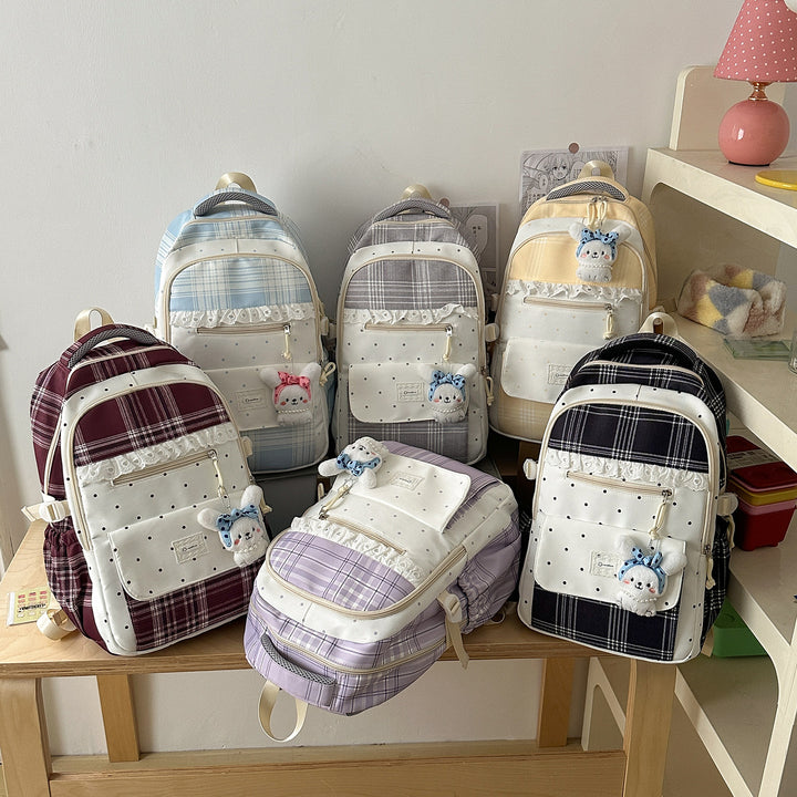 Plaid Patterned School Backpack with Cute Bunny Keychain Stornfield